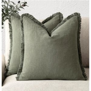 🌿 Set of 2 Dark Olive Green Linen Fringe Pillow Covers 20x20 – NEW